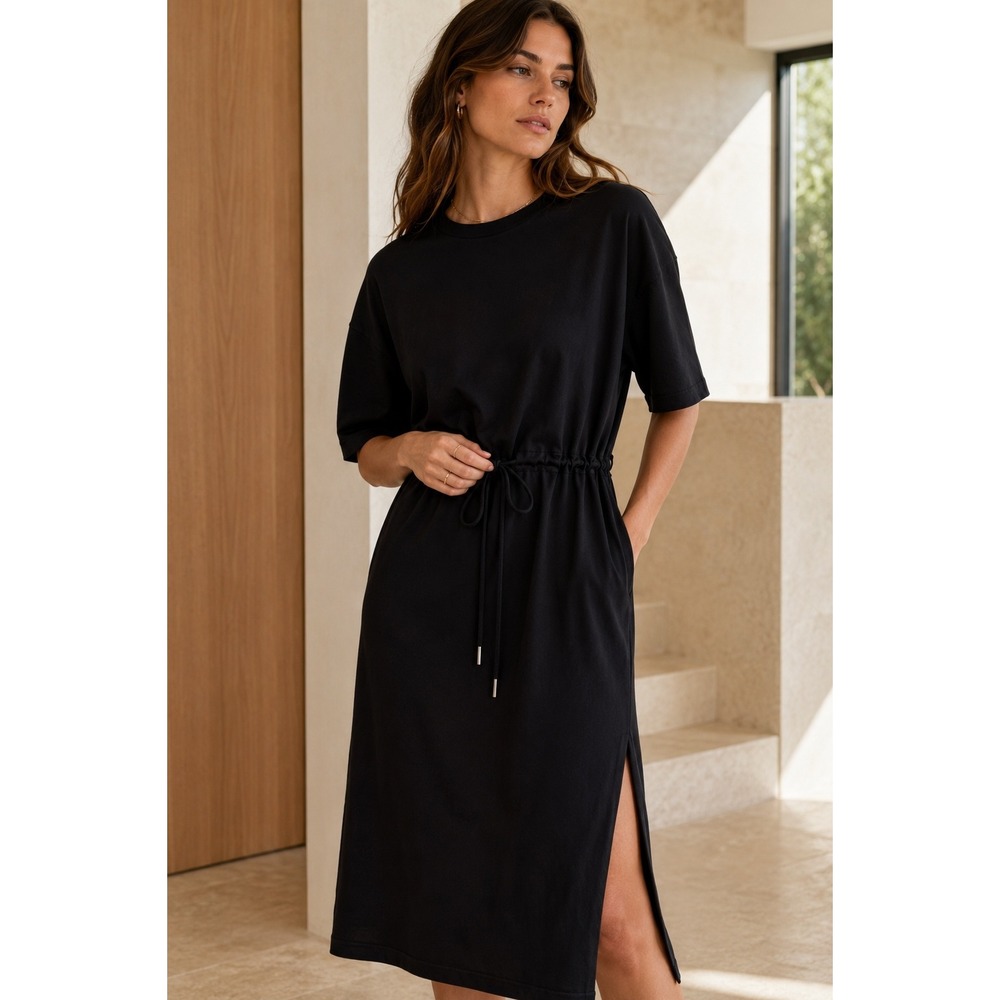 NWT Everlane Luxe Cotton Tie Front Midi Dress Black Short Sleeve Minimalist XXS